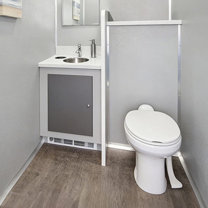 Private restroom stall interior with flushing toilet, vanity and mirror
